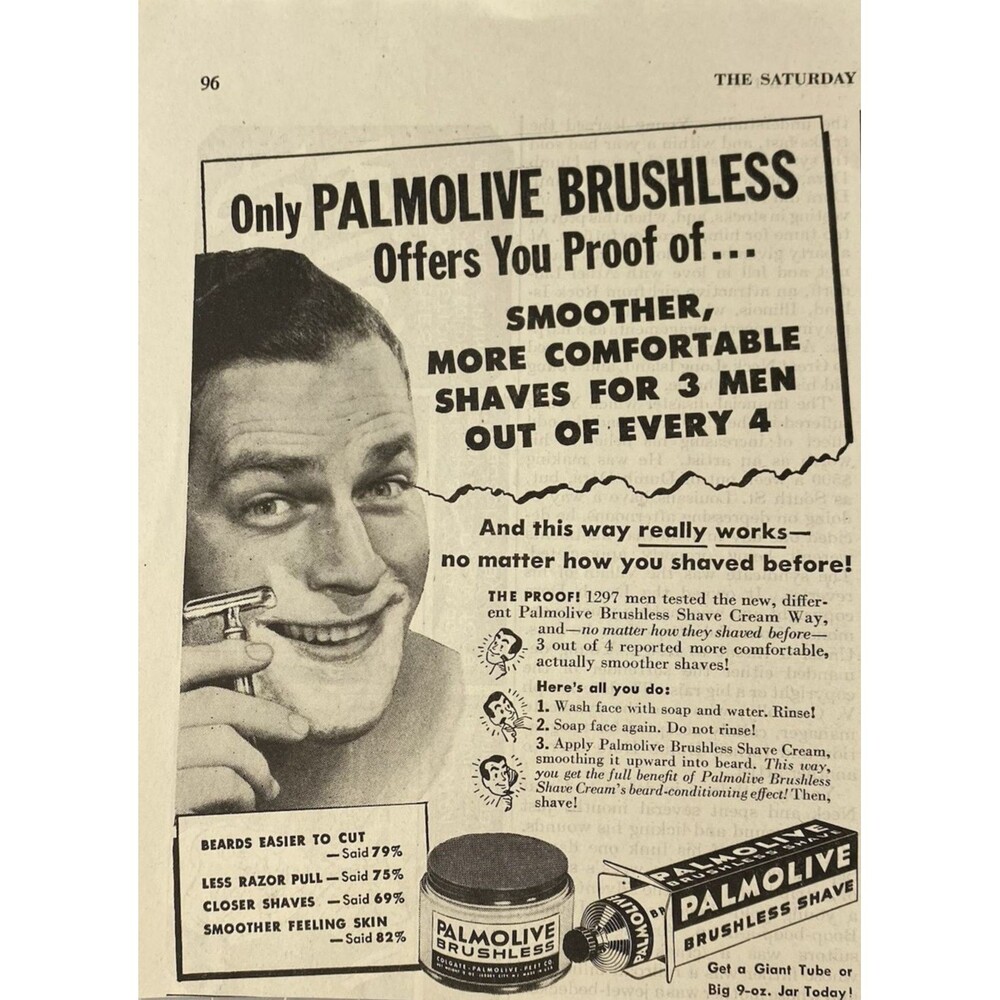 Palmolive Brushless Shave Cream "Smoother More Comfortable" Vintage Print Ad '48